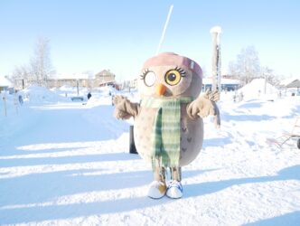 Maskoten Tyra gladde sig åt solen under Norrskensfestivalen. Foto Anders Sjöberg